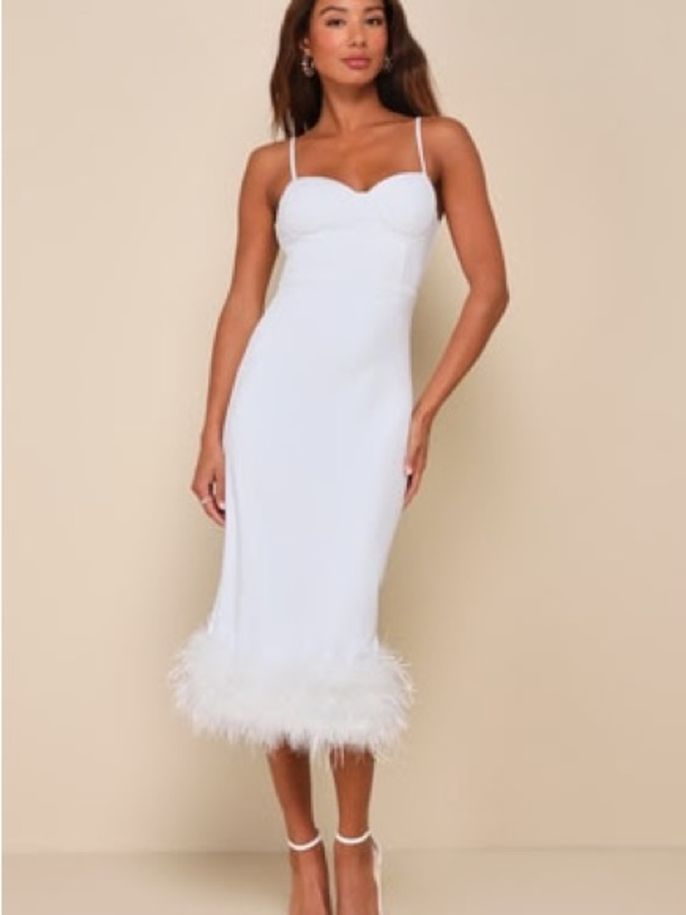 Lulu's White Feather-Trim Spaghetti Strap Midi Dress